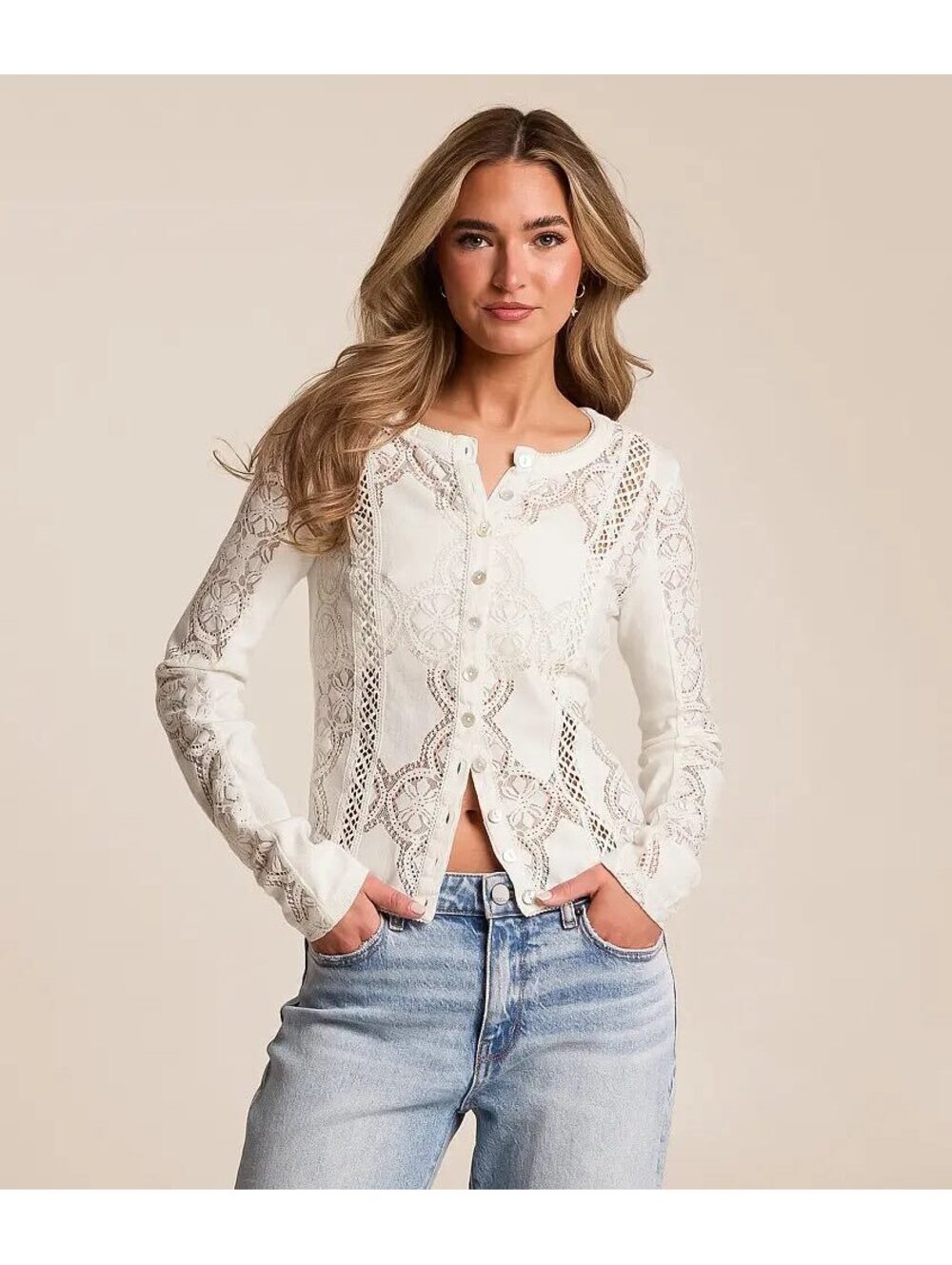 FREE PEOPLE NWT Jae lace Button Front Long Sleeve TopIn Sugar Swigle